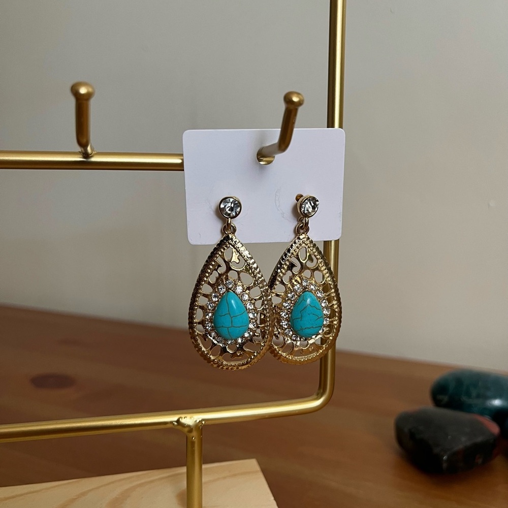 Vintage-look Gold Teardrop Earrings with Faux Turquoise Stone - Women Jewelry - Picture 1 of 7